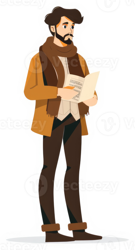 A man in a tan coat holding a document. png