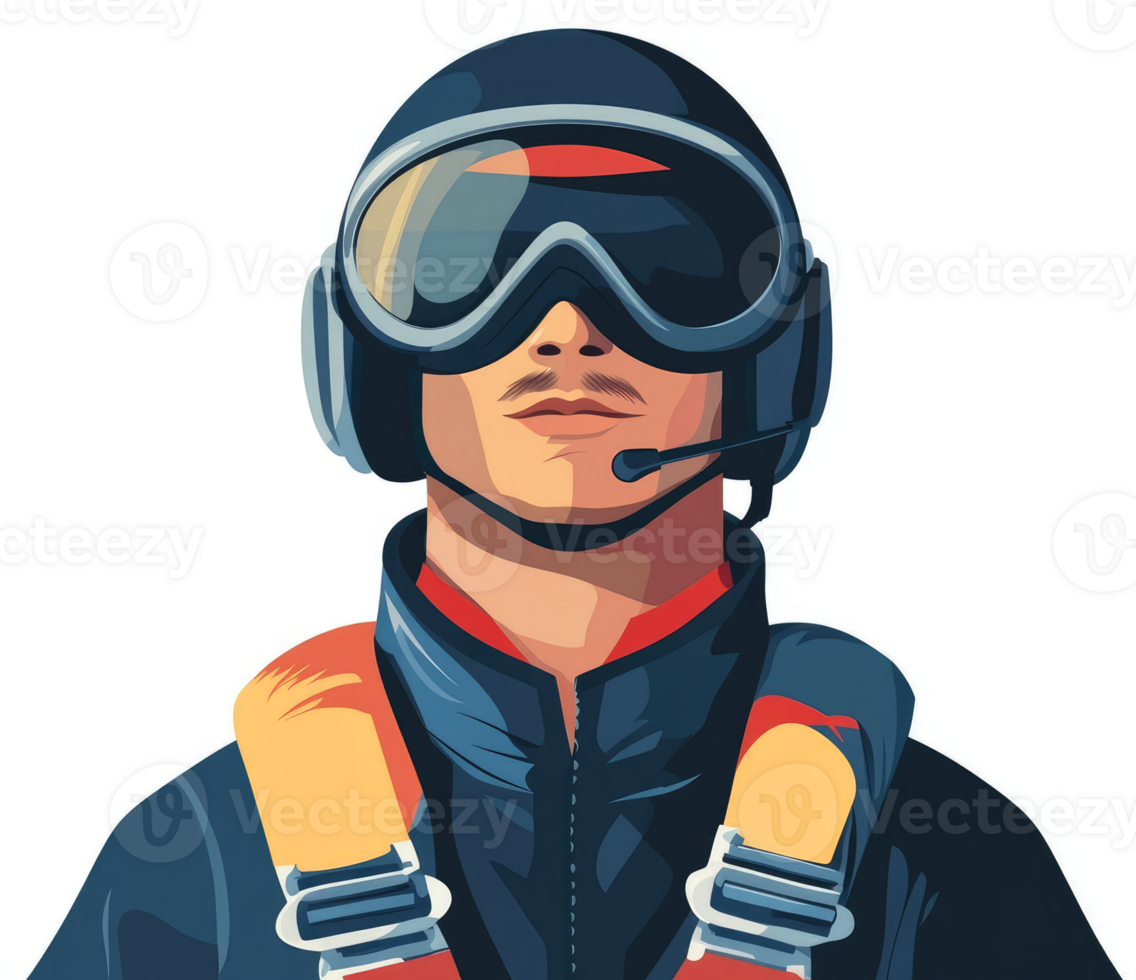 A focused illustration of a skydiving instructor wearing winter gear. png