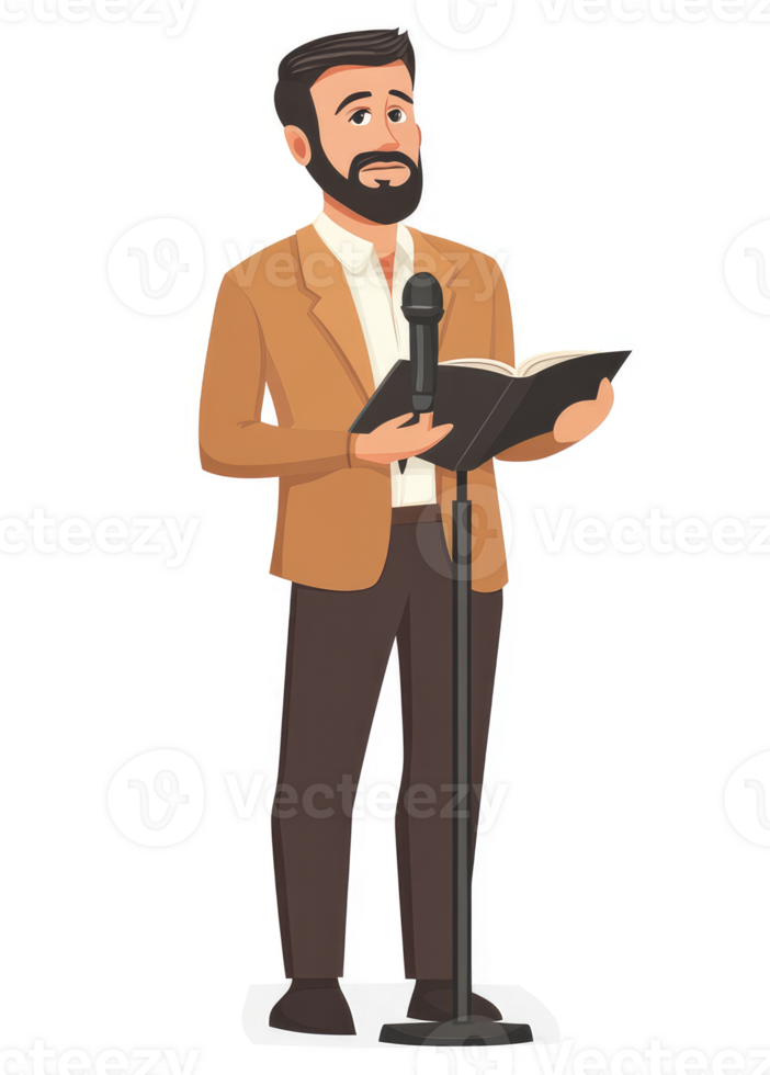 A man in a tan suit giving a speech with a book and microphone. png