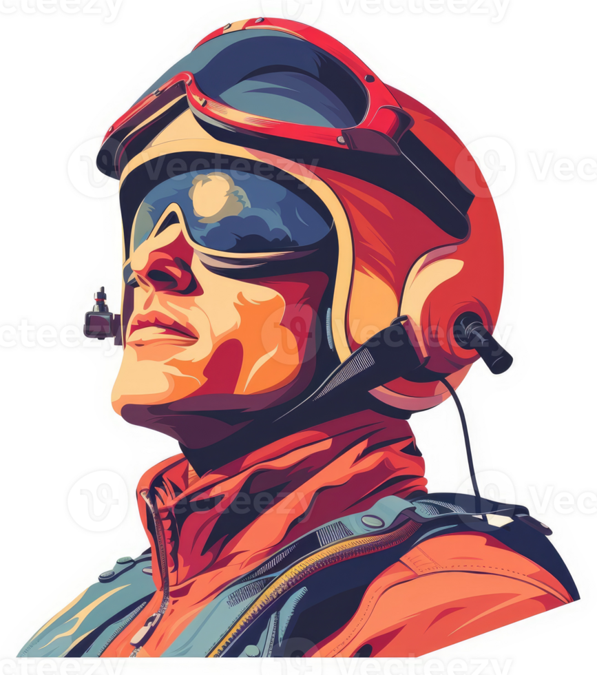 A stylized illustration of a focused aviator in a vintage flight suit. png