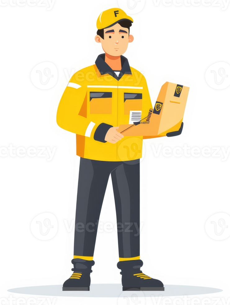 A delivery person in a yellow uniform holding a cardboard package. png