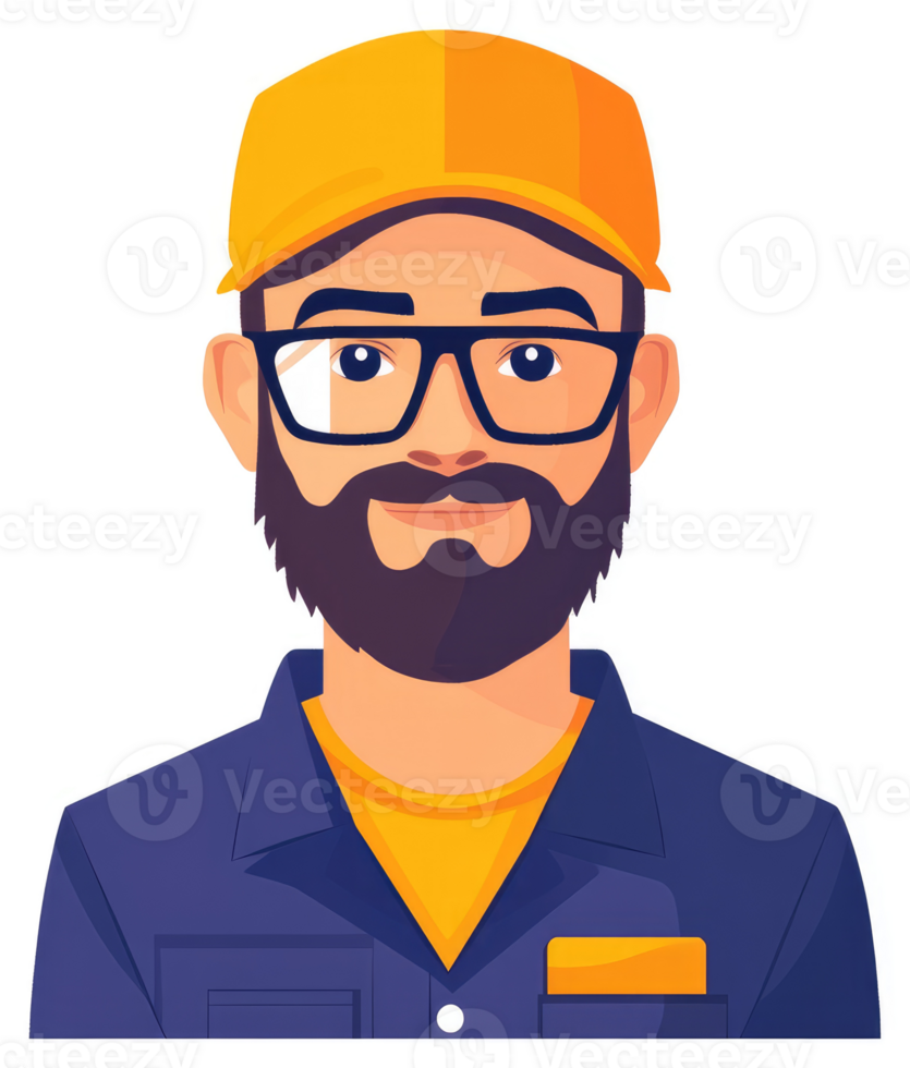 A friendly, bearded man in a work uniform and cap. png