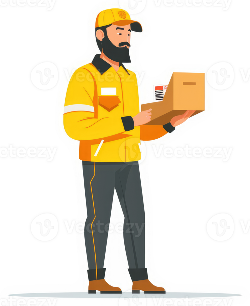 A delivery person in a yellow uniform holding a package for delivery. png