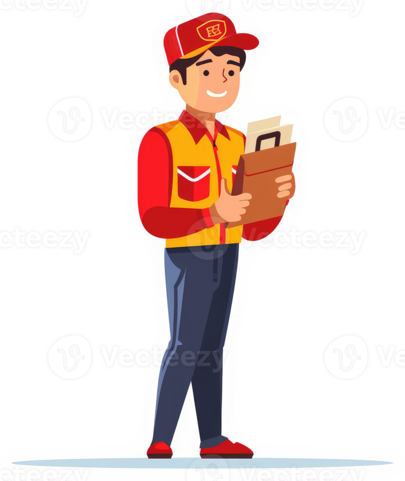 A smiling postal worker holding a package and documents. png