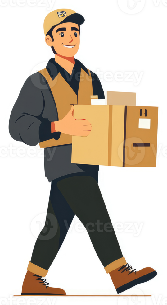 A delivery person carrying a package walks towards the viewer. png