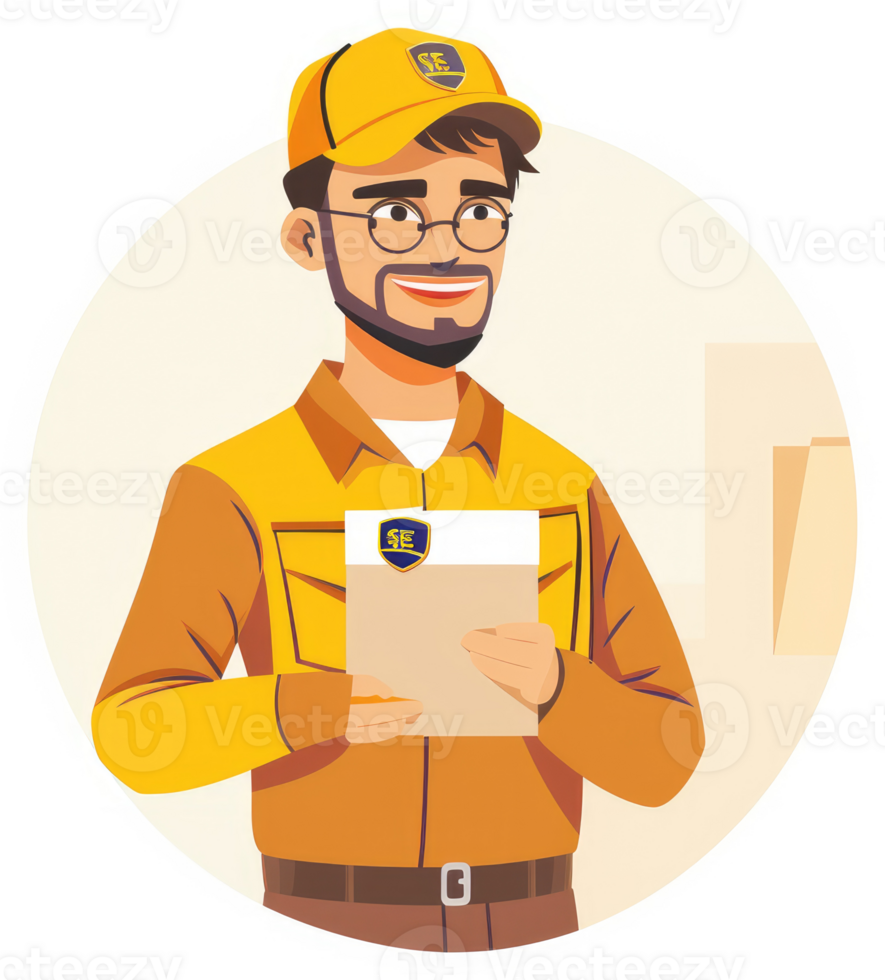 A friendly delivery worker holding paperwork, ready to serve. png
