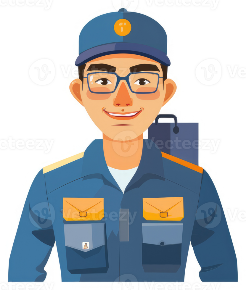 A friendly, smiling service worker in a blue uniform. png
