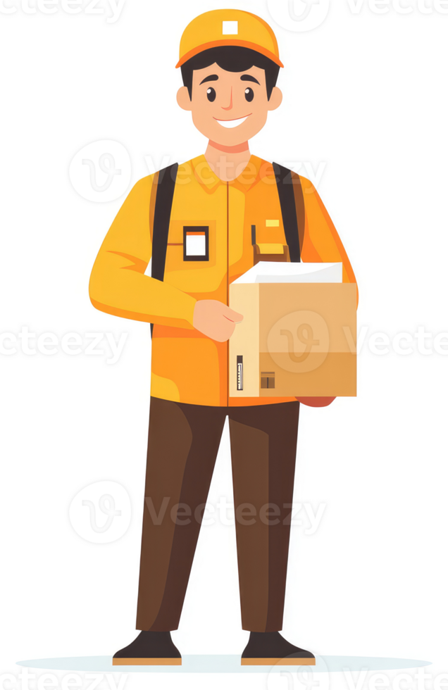 A friendly delivery person holding a cardboard box. png