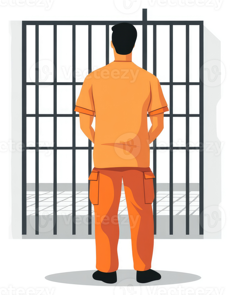 A prisoner stands behind bars, contemplating freedom. png