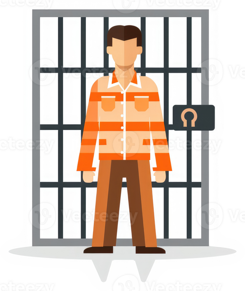 A prisoner standing behind bars in an orange striped uniform. png
