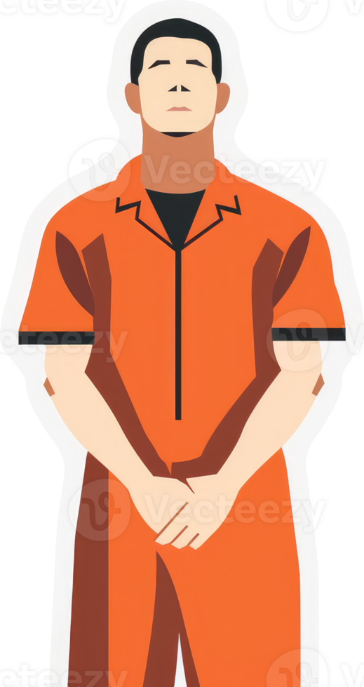 Depiction of a man in an orange jumpsuit with hands clasped at the groin. png