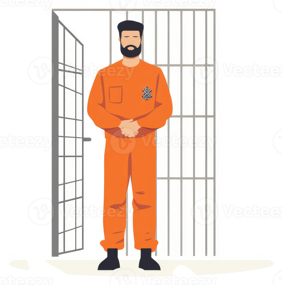 A prisoner stands at a prison cell door. png