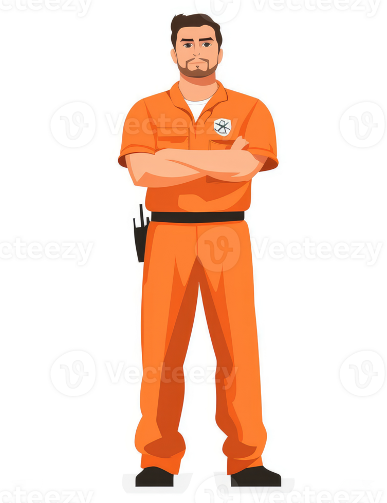 A male worker in protective orange coveralls. png