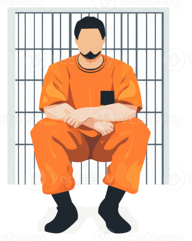 A male prisoner sits within a jail cell. png