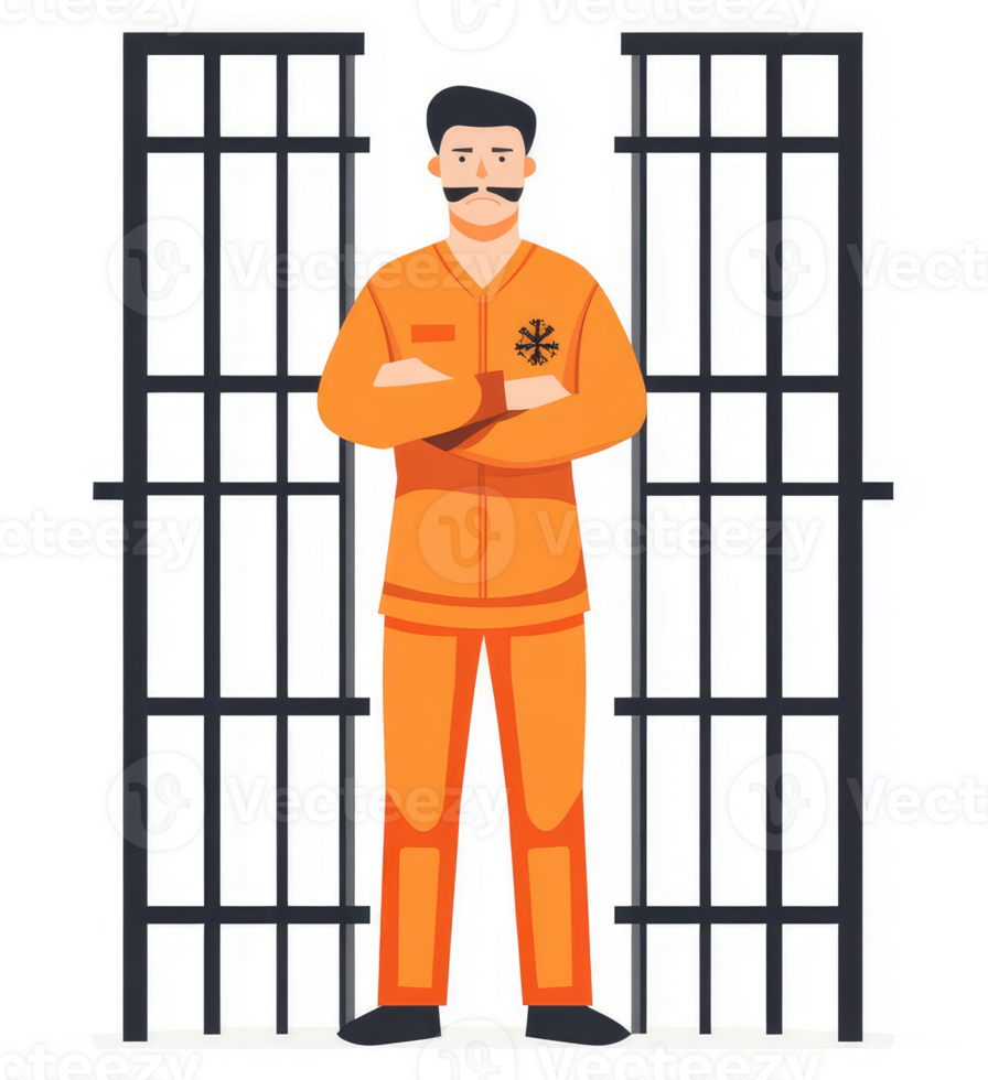 A prisoner stands guard behind prison bars. png