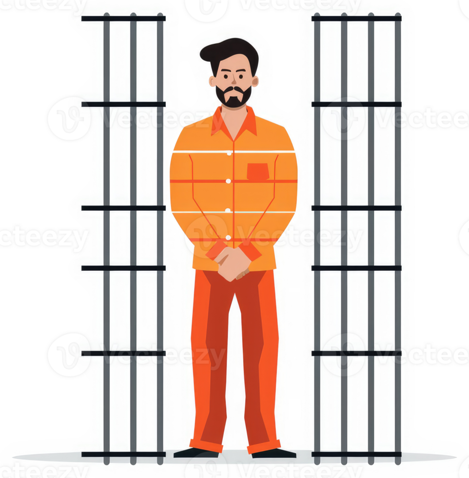 A man in orange prison uniform, standing behind bars. png