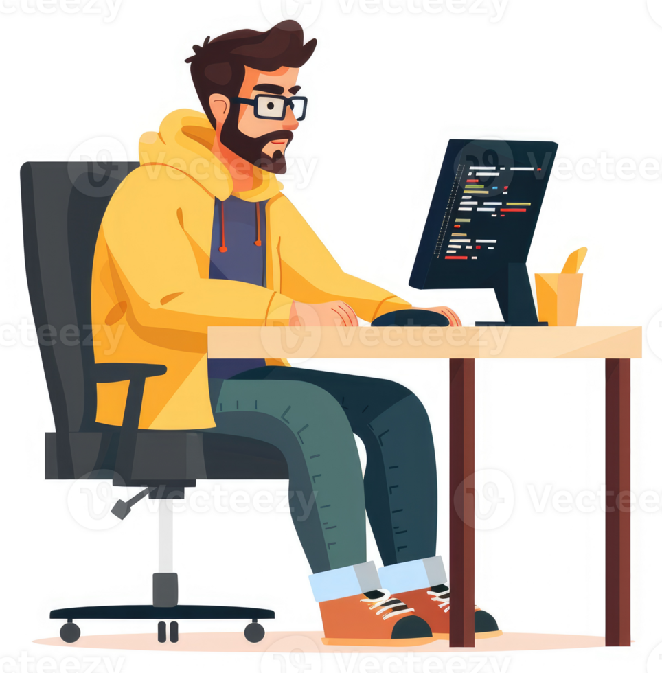 A man in a yellow jacket working at a computer. png