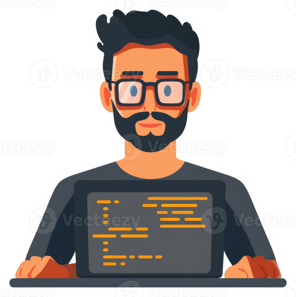 uma programador com uma barba e óculos trabalhando em uma computador portátil. png