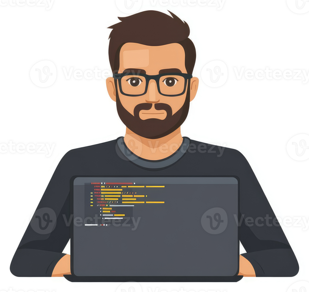 uma homem com uma barba e óculos trabalhando em uma computador portátil exibindo código. png