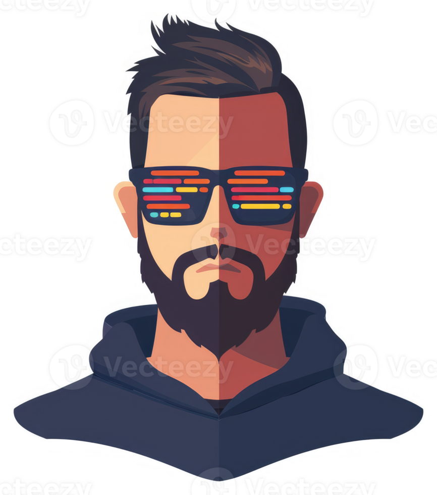 A stylized illustration of a man with a cool, colorful, and futuristic graphic design. png
