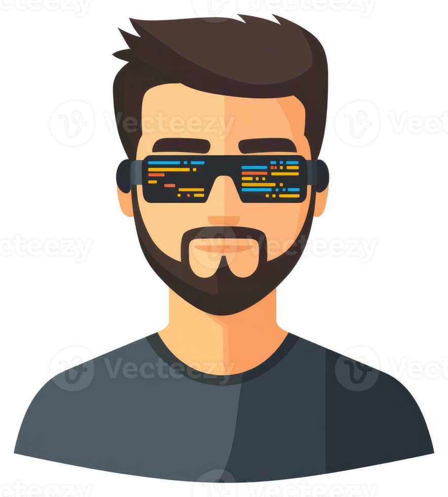 A stylized illustration of a man wearing sunglasses with code displayed. png