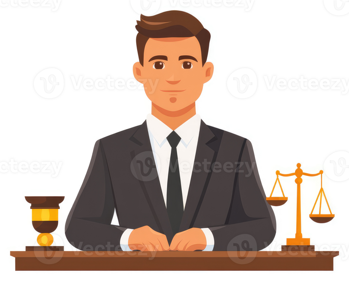 A male lawyer in a suit, seated at a desk with legal symbols. png