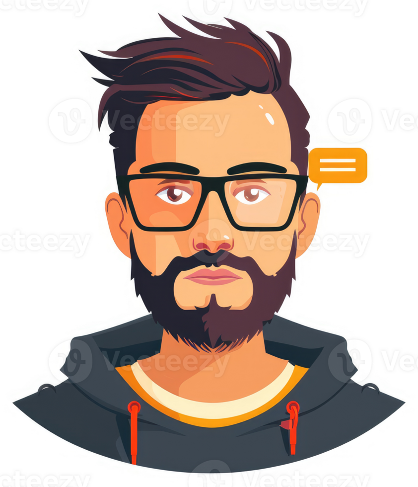 A stylized illustration of a man with a beard, glasses, and a hoodie. png