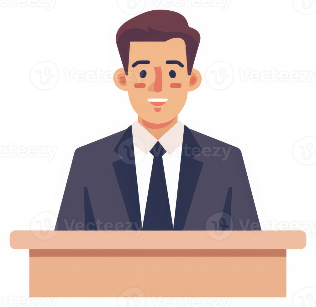 A businessman seated behind a podium, smiling. png