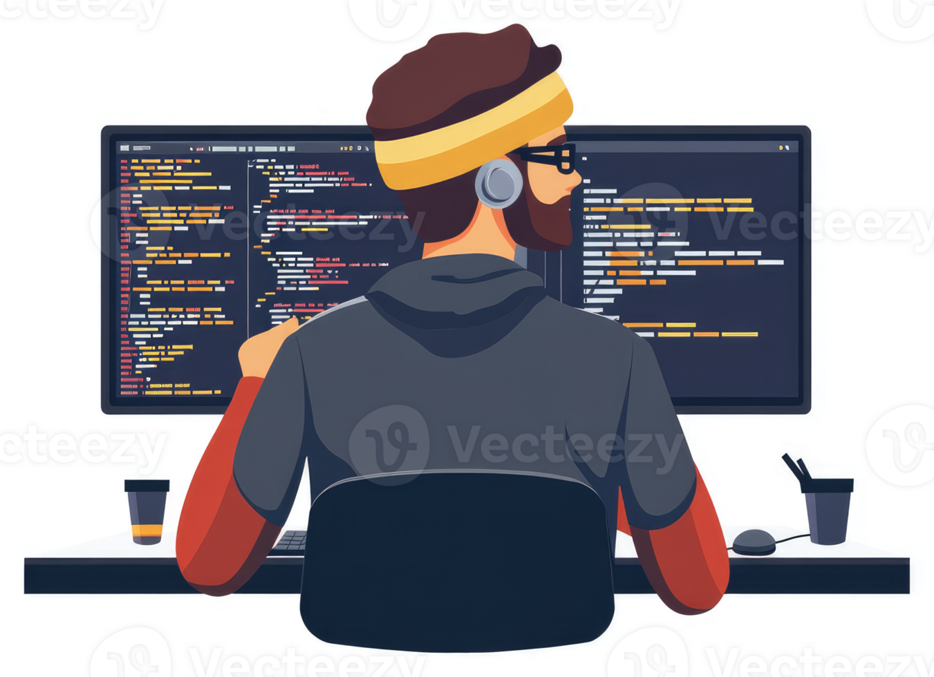 A programmer intently focusing on lines of code on multiple computer screens. png