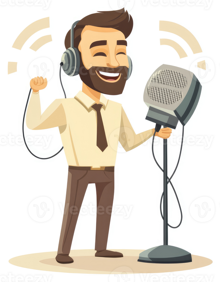 A happy man with a beard sings into a microphone. png