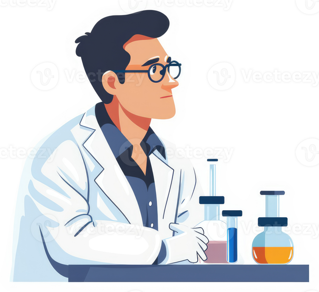 A pensive scientist in a lab coat surrounded by beakers and test tubes. png