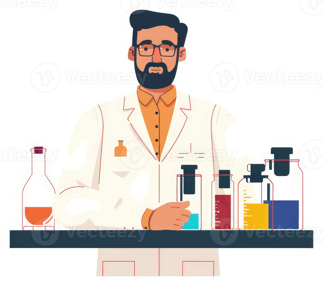 A scientist in a laboratory setting, conducting experiments with various liquids in beakers and flasks. png