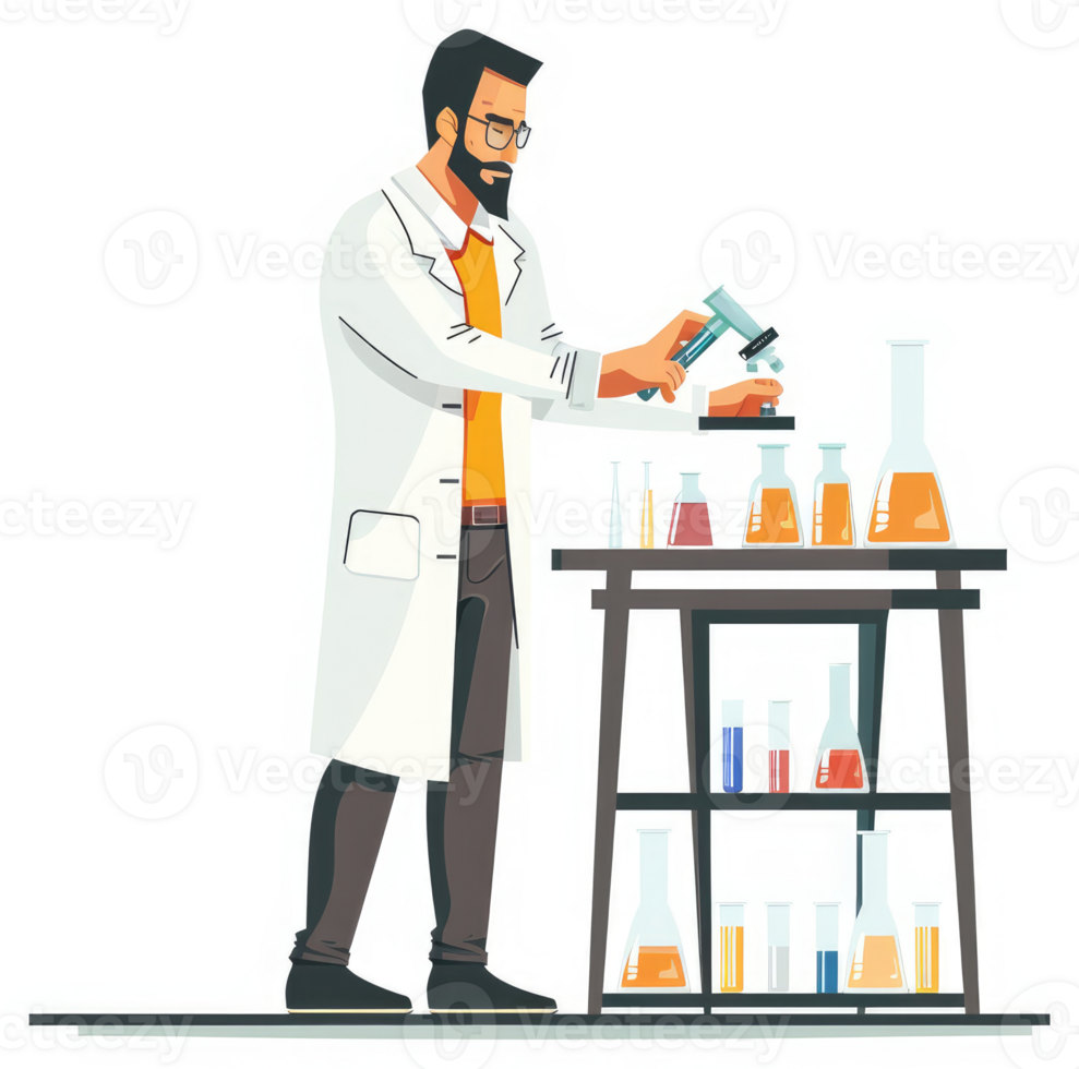 A scientist conducts an experiment with various beakers and glassware in a laboratory setting. png