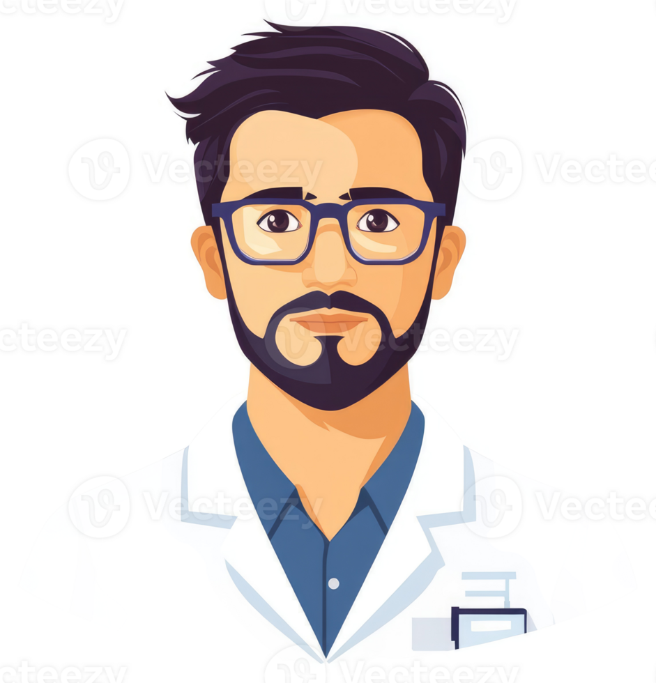 A professional male doctor, wearing glasses and a beard, dressed in a white lab coat. png