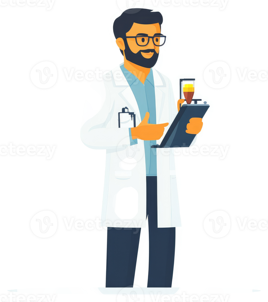 A male scientist in a white lab coat holding a clipboard with laboratory equipment. png