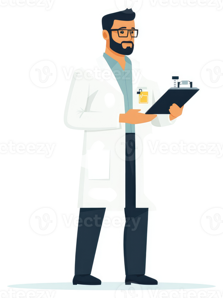 A male scientist in a white lab coat holding a clipboard with test tubes. png