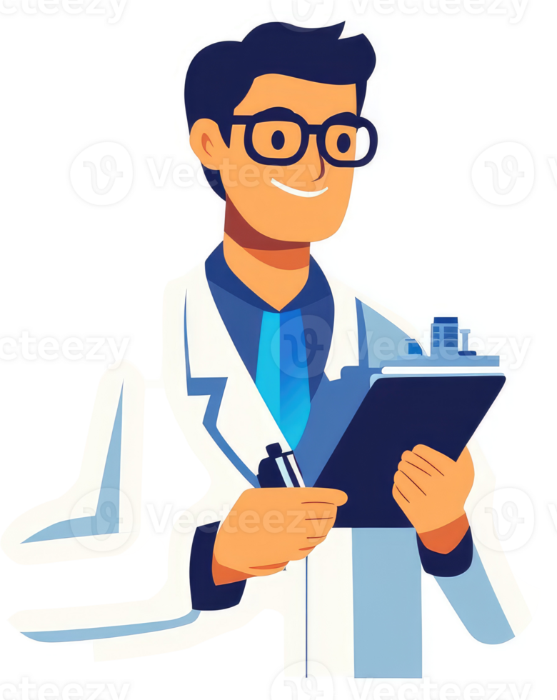A smiling doctor in a white coat holding a clipboard with notes. png