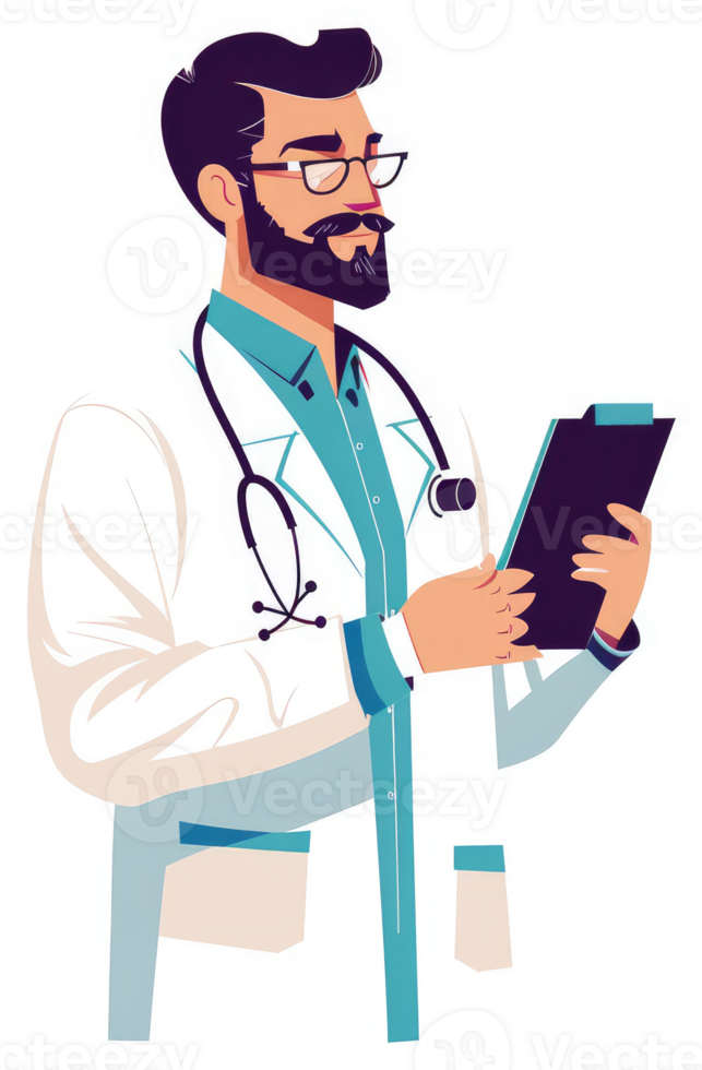 A male doctor in a white coat, reviewing medical records. png