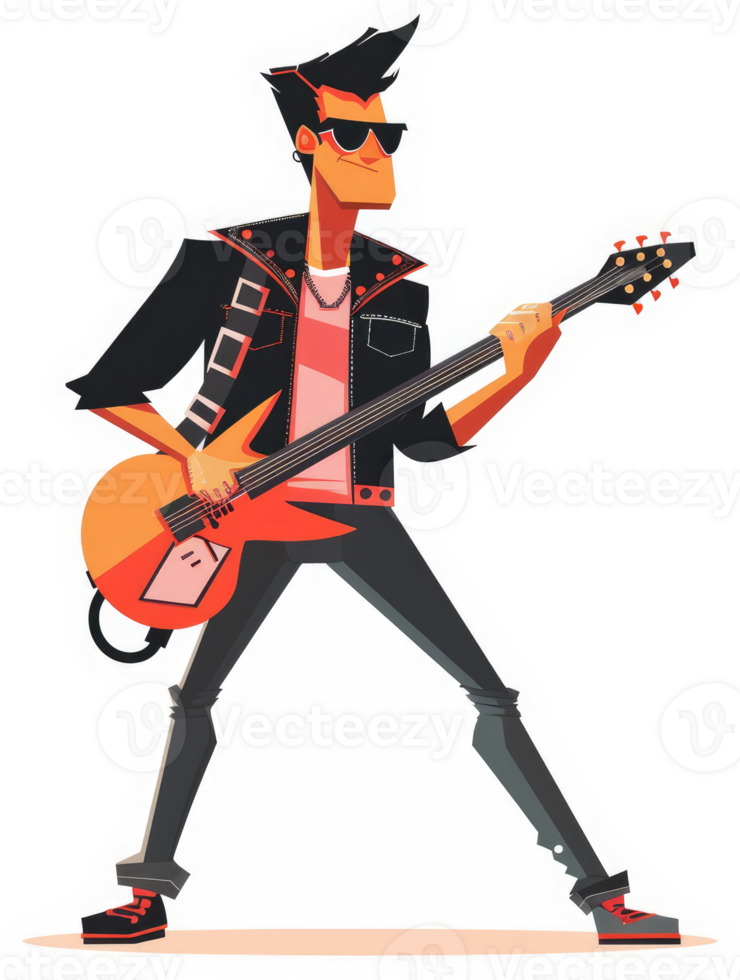 A stylized illustration of a rock guitarist in a black leather jacket. png