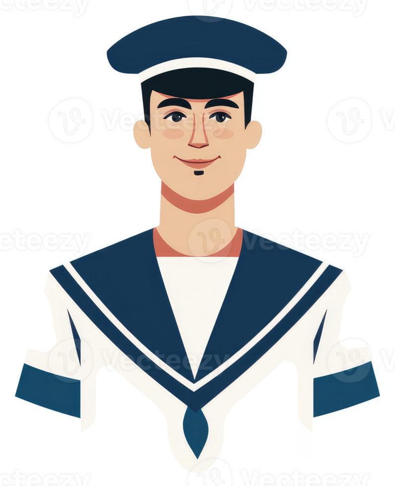 A cheerful male sailor in a navy-blue and white sailor uniform. png