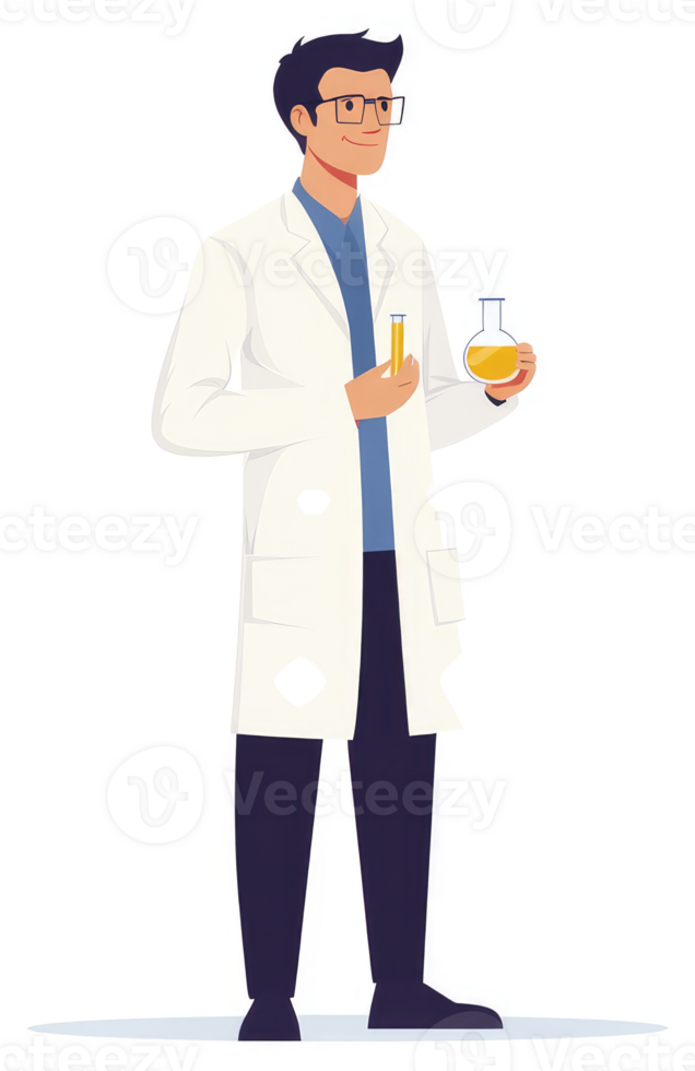 A scientist in a lab coat holds test tubes and a beaker. png
