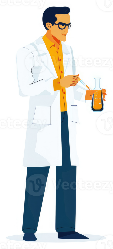 A scientist in a white lab coat conducting a laboratory experiment. png