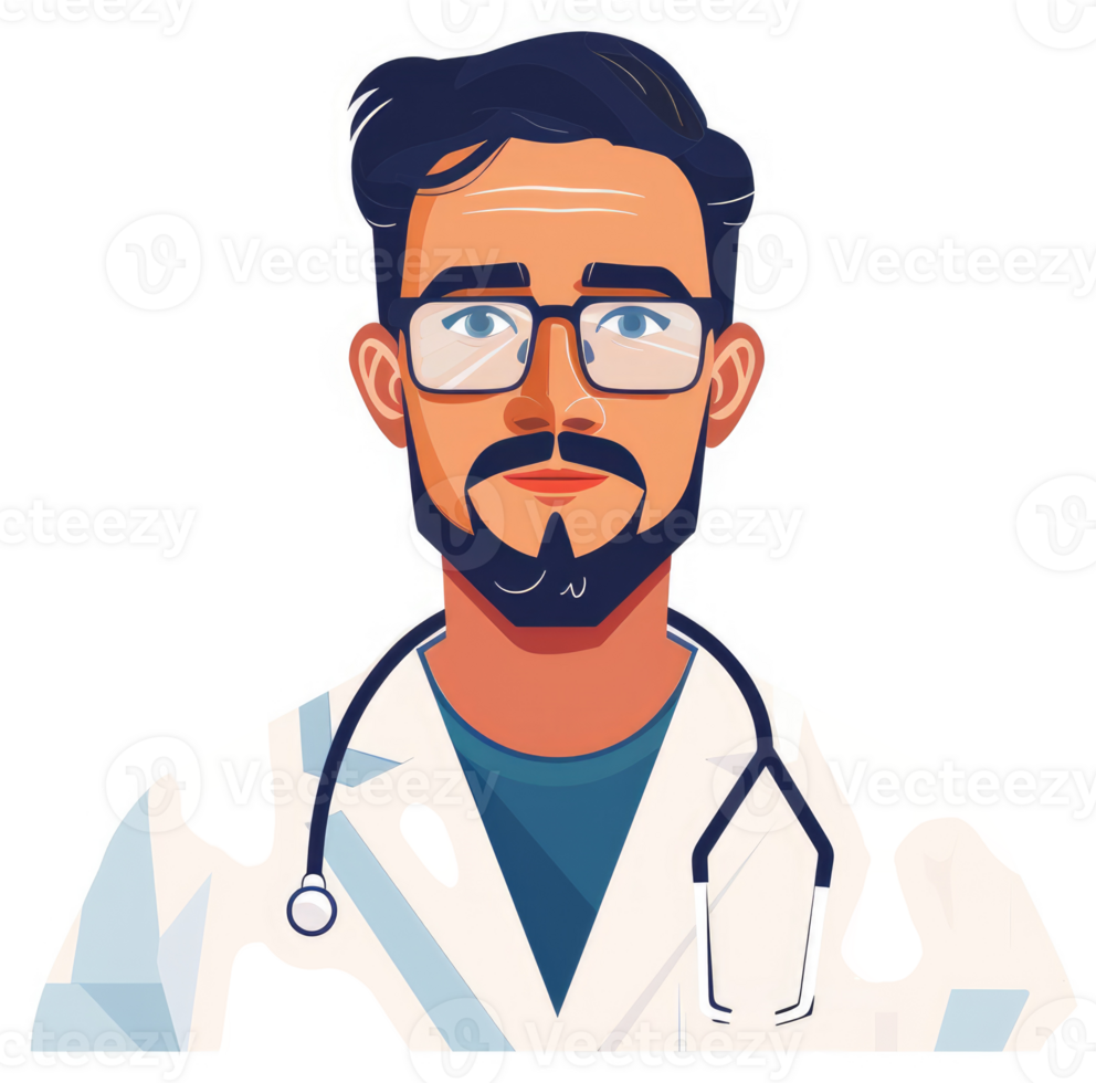 A friendly and professional male doctor wearing glasses and a stethoscope. png