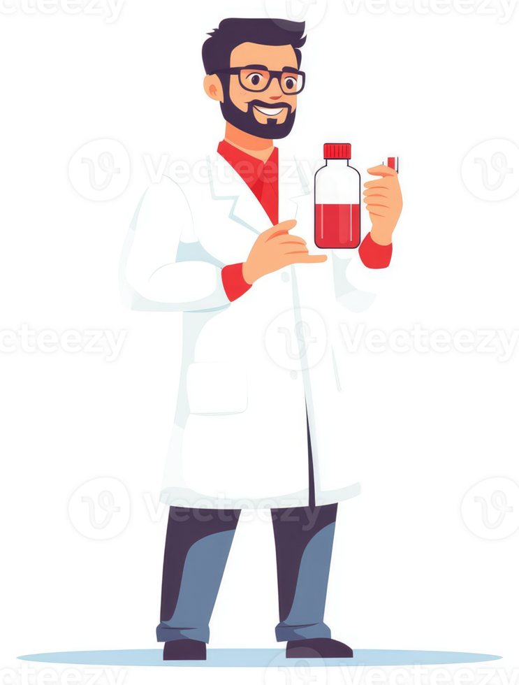 A scientist displaying a red liquid sample in a container. png