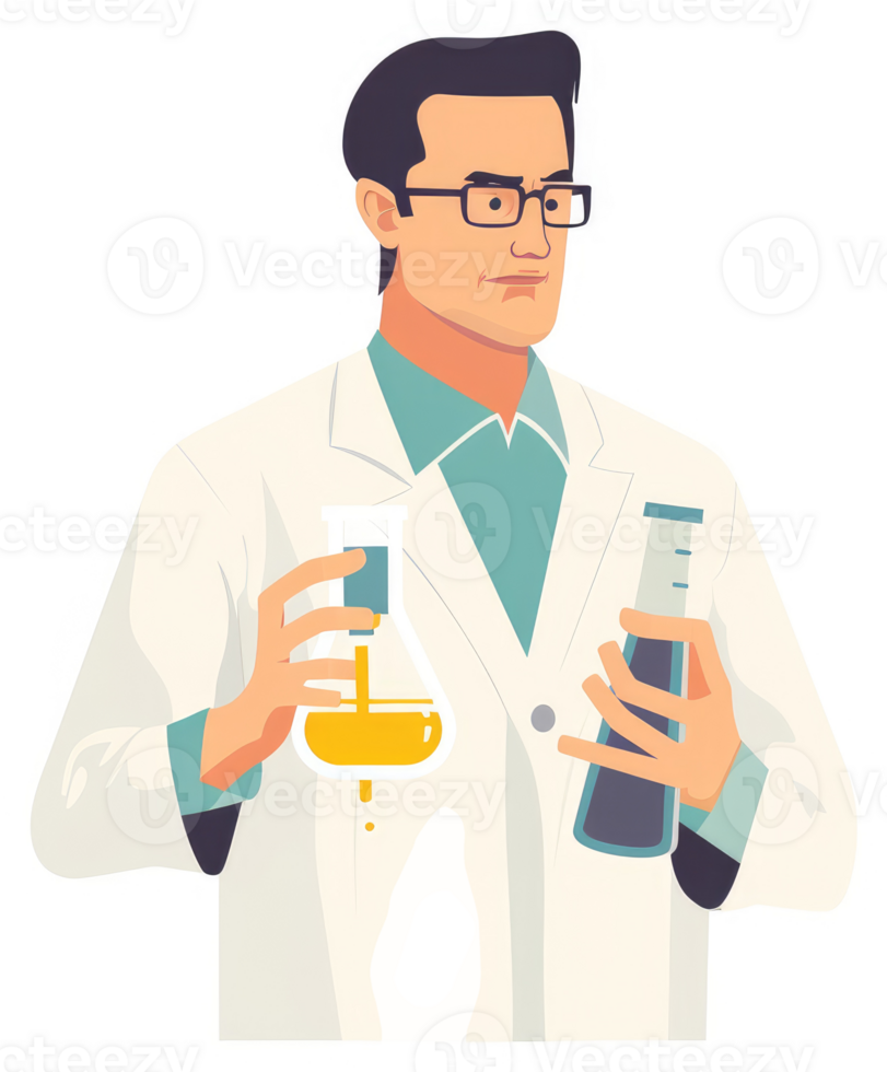 A focused male scientist in a lab coat examining chemical compounds. png