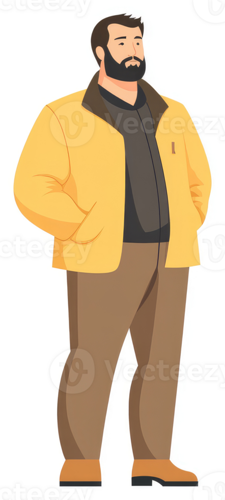 A man in a yellow jacket and brown pants. png