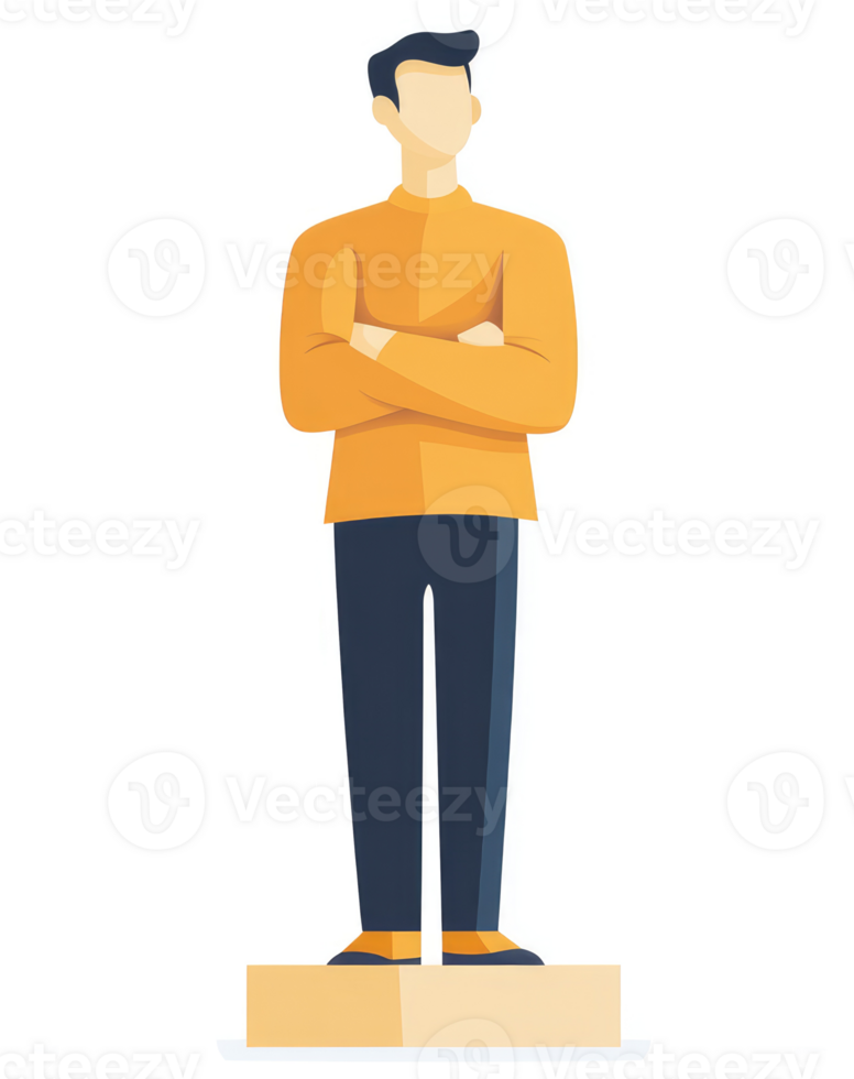 A confident man standing on a platform, arms crossed. png