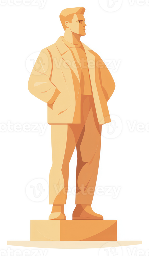 A stylized illustration of a man in a light beige suit standing on a pedestal. png