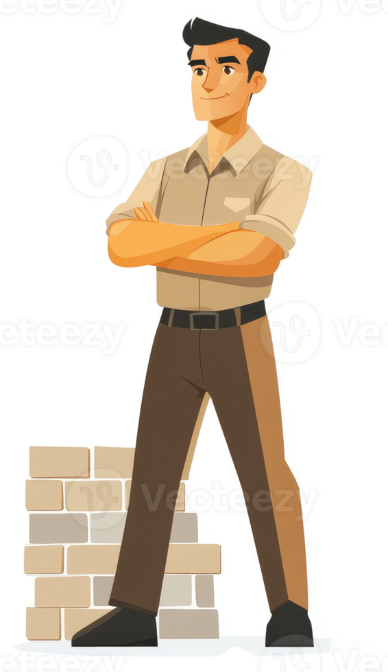 Confident construction worker standing beside a stack of bricks. png