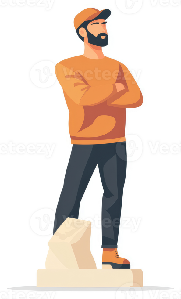 A man in an orange sweatshirt standing confidently on a beige rock. png